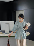 Kukombo Gentle and cool with a sense of luxury round neck three-quarter sleeve tie shirt female pleated shirt top 1089
