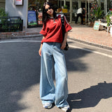 Kukombo 2024 spring new American retro high waist loose wide leg drape straight pants jeans women