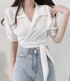 Kukombo discover style ideas Chic Summer French Style Niche Design Cross V-neck Lace-up Waist Short White Shirt Top for Women