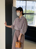 Kukombo  niche petal collar plaid shirt women's tops 1030