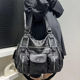 2000s fashion Women's Fashion Vintage Lychee Pattern Tote Bag Large Capacity Washed Distressed Shoulder Messenger Bag