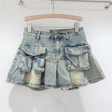 Kukombo discover style ideas Age-Reducing Pocket Denim Small Skirt Women's Small Hot Girl Pleated Skirt Retro High Waist Anti-Exposure A- line Skirt