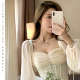 outfit Ambiance Two-Way Top for Women 2024 Spring New Fishbone Stitching Chic Chiffon Small Shirt