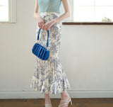 Kukombo Mid-length skirt for women Retro print Fashion high waist versatile A-line slim chiffon floral fishtail skirt
