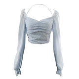 outfit Square Collar Short Top Spring New Flared Long Sleeve Lace-up Halter Polka Dot Shirt Women's Top