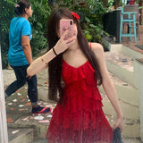 dress to impress codes Pure Desire Style Red White Sling Dress Women's 2024 Summer New Design Sense Waist Slimming Cake Skirt
