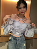 outfit Square Collar Short Top Spring New Flared Long Sleeve Lace-up Halter Polka Dot Shirt Women's Top