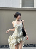 Kukombo discover style ideas French Ruffled Irregular Sling Dress Summer Seaside Vacation Long