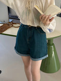Kukombo  Comic Leg Shorts Retro Hong Kong Style Jeans Women Summer Curled High Waist Slim Five-Point Pants 6019