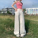 Kukombo Original new retro floral loose wide-leg pants high waist slim all-match mopping small fresh jeans