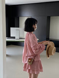 Kukombo Naiguai suit Heavy accordion pleated wood ear edge lantern sleeve shirt + double layer short skirt pants female 1085