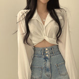 Kukombo discover style ideas Chic Early Spring French Style Niche Design Back Lace-up Butterfly Knot Navel Short Shirt Top for Women