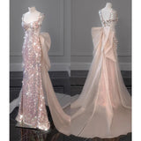 Kukombo aquatic dress to impress Shining Pink Bridal Wedding Toast Dress New Banquet Performance Host Fishtail Wedding Dress Evening Dress