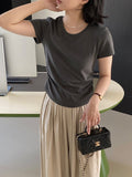 Kukombo Comic Figure Pleated Solid Color Round Neck T-shirt Women's Summer All-match Slim Korean Short Top Summer 1090
