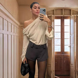 Kukombo bleach clothes design 2024 Spring and Autumn New Style Long Sleeve Fashion Oblique Shoulder Chiffon Flower T-shirt Top for Women