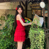 dress to impress codes Pure Desire Style Red White Sling Dress Women's 2024 Summer New Design Sense Waist Slimming Cake Skirt
