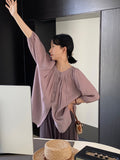 Kukombo Gentle and cool with a sense of luxury round neck three-quarter sleeve tie shirt female pleated shirt top 1089