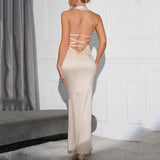 Kukombo Foreign trade satin collar halter dress European and American sexy big backless strap irregular splicing long skirt