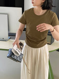 Kukombo Comic Figure Pleated Solid Color Round Neck T-shirt Women's Summer All-match Slim Korean Short Top Summer 1090