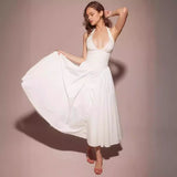 dress 2024 Spring and Summer French Socialite Deep V-neck Sexy Halter Lace-up Stitching Pleated Waist Slimming Sweet Dress