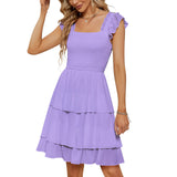 earthy style outfits dress to impress Spring and Summer Women's Solid Color Square Collar Layered Dress