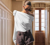 Kukombo bleach clothes design 2024 Spring and Autumn New Style Long Sleeve Fashion Oblique Shoulder Chiffon Flower T-shirt Top for Women