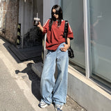 Kukombo 2024 spring new American retro high waist loose wide leg drape straight pants jeans women