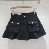 Kukombo discover style ideas Age-Reducing Pocket Denim Small Skirt Women's Small Hot Girl Pleated Skirt Retro High Waist Anti-Exposure A- line Skirt