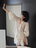 Kukombo Naiguai suit Heavy accordion pleated wood ear edge lantern sleeve shirt + double layer short skirt pants female 1085