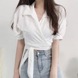 Kukombo discover style ideas Chic Summer French Style Niche Design Cross V-neck Lace-up Waist Short White Shirt Top for Women