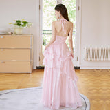 dress to impress codeshomecoming dress Streamer Pink Halter Dress Elegant Ruffled Fairy Dress Birthday Backless Dress