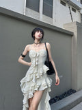 Kukombo discover style ideas French Ruffled Irregular Sling Dress Summer Seaside Vacation Long