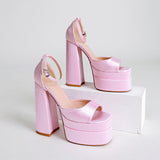 shoes Summer New Square Toe Hollow Chunky Heel Satin High Heel Peep Toe Women's Shoes Hate Sky High plus Size Catwalk Sandals Fashion