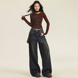 Kukombo 2000s dti Retro Waste Soil Style Wide-Leg Jeans Women's Autumn New High Waist Loose Slimming Straight Lazy Draping Mop Pants