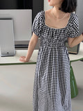 Kukombo You look really good today Waisted plaid slim dress female lace splicing short-sleeved long dress 6037