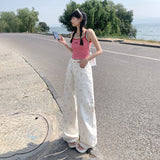 Kukombo Original new retro floral loose wide-leg pants high waist slim all-match mopping small fresh jeans