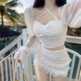 outfit Square Collar Short Top Spring New Flared Long Sleeve Lace-up Halter Polka Dot Shirt Women's Top
