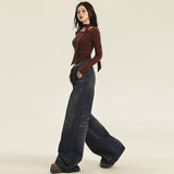 Kukombo 2000s dti Retro Waste Soil Style Wide-Leg Jeans Women's Autumn New High Waist Loose Slimming Straight Lazy Draping Mop Pants