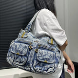 Kukombo 2000s fashion Women's Vintage Denim Washed Denim Tote Bag Multi-Pocket Hot Girl Fashion Shoulder Messenger Bag