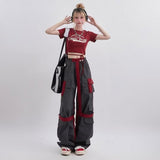 street wear High Street Multi-Pocket Color Matching Hip Hop Overalls Women's Functional Style Loose Casual Trousers Fashion