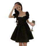 Kukombo misunderstood outfit Holiday Photography French Style Backless Bow Skirt Square Collar Puff Sleeve Dress Tight Waist Small Fluffy Skirt