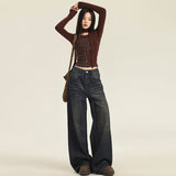 Kukombo 2000s dti Retro Waste Soil Style Wide-Leg Jeans Women's Autumn New High Waist Loose Slimming Straight Lazy Draping Mop Pants