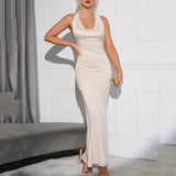 Kukombo Foreign trade satin collar halter dress European and American sexy big backless strap irregular splicing long skirt