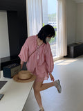 Kukombo Naiguai suit Heavy accordion pleated wood ear edge lantern sleeve shirt + double layer short skirt pants female 1085