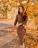 Kukombo Elegant Brown Sheath Rib Dress Women Fashion Side Open Half Turtleneck Long Dresses Female Chic Vestidos