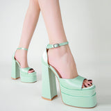 shoes Summer New Square Toe Hollow Chunky Heel Satin High Heel Peep Toe Women's Shoes Hate Sky High plus Size Catwalk Sandals Fashion