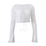 Kukombo discover style ideas Jfl43854 Summer New French Square Collar Knitted Lace-up Cardigan Long Sleeve Top Fashion Temperament Cake