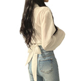 Kukombo discover style ideas Chic Early Spring French Style Niche Design Back Lace-up Butterfly Knot Navel Short Shirt Top for Women
