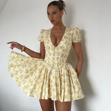 Kukombo dress to impress codes French Sweet Style Autumn New Sexy Deep V Thin Waist Short Sleeve Mid Pleated Floral Dress Women
