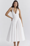 dress 2024 Spring and Summer French Socialite Deep V-neck Sexy Halter Lace-up Stitching Pleated Waist Slimming Sweet Dress